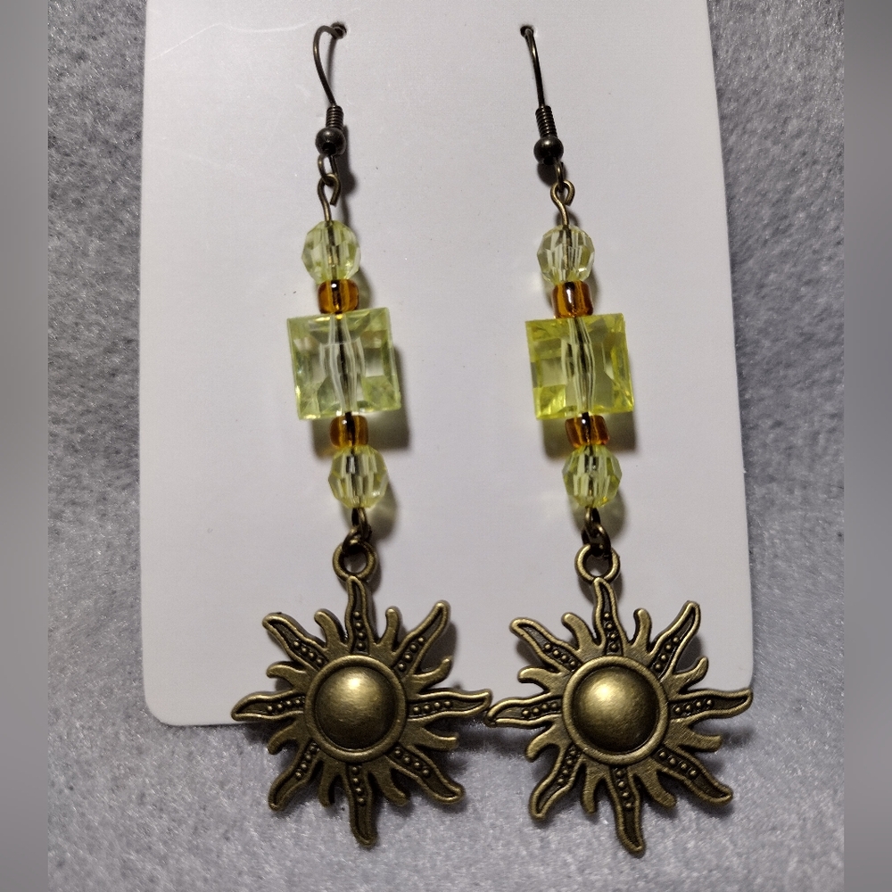Dangle earrings, bronze-colored suns, yellow and orange beads, handmade